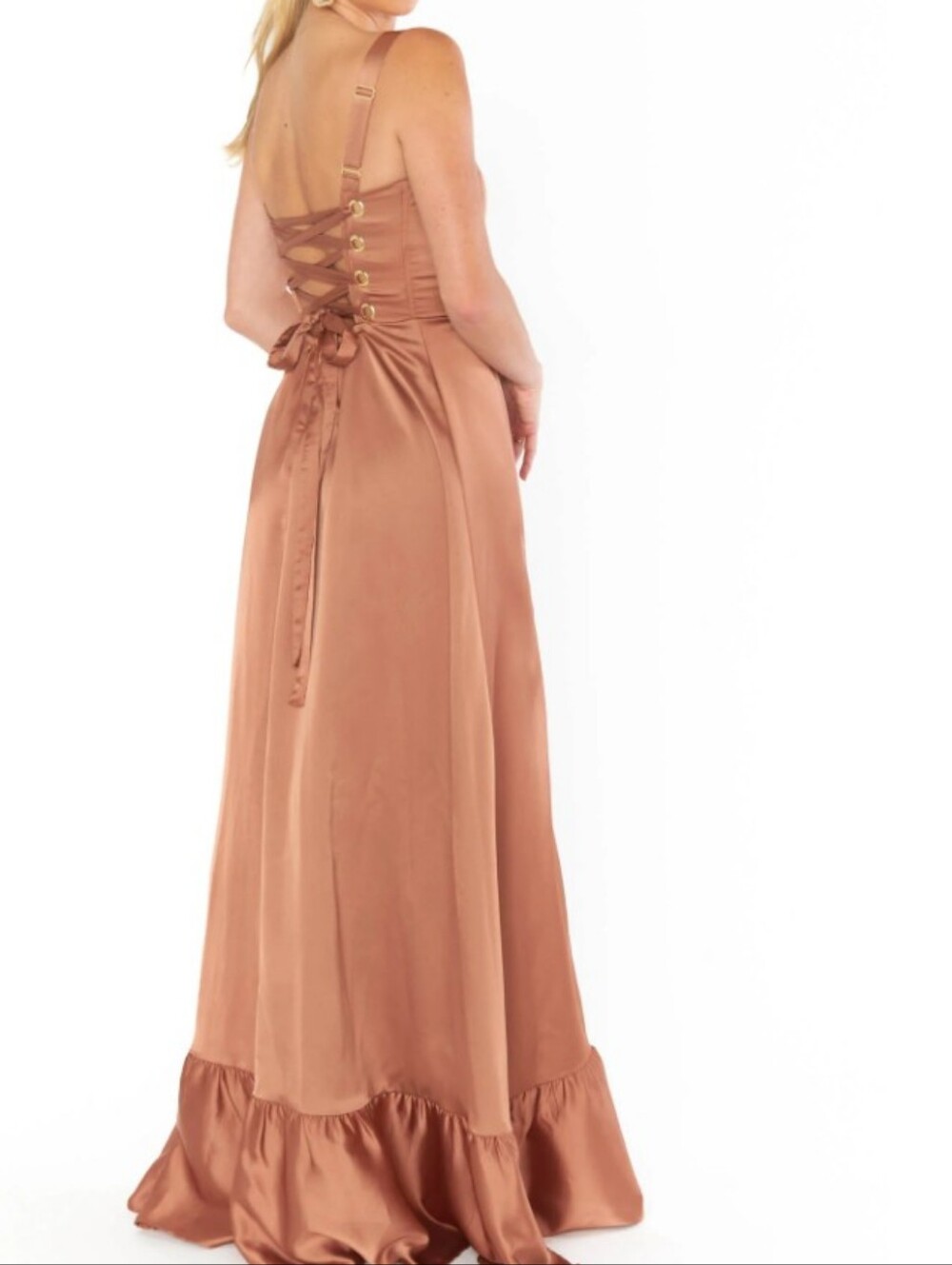 Show Me Your MuMu Rose-Bronze Satin Backless Lace-Up Maxi Dress